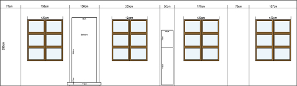 Skizze Seitenwand rechts mit Fenstern und Vitrinenteile