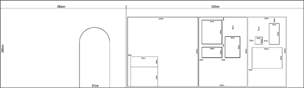 Skizze Seitenwand links mit Tür und Vitrinenteile