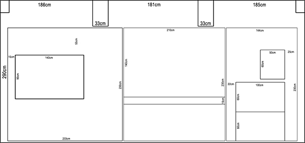 Skizze mittlere Hinterwand mit Vitrinen